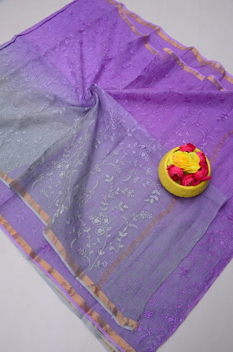 Kota Doria Pure Cotton Saree with All Over Embroidery - Purple and Bluish Grey Colour
