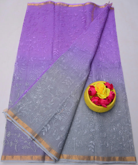 Kota Doria Pure Cotton Saree with All Over Embroidery - Purple and Bluish Grey Colour