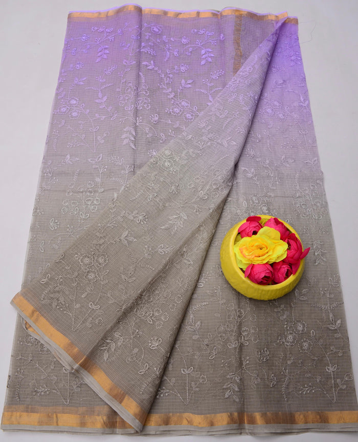 Kota Doria Pure Cotton Saree with All Over Embroidery - Purple and Grey Colour