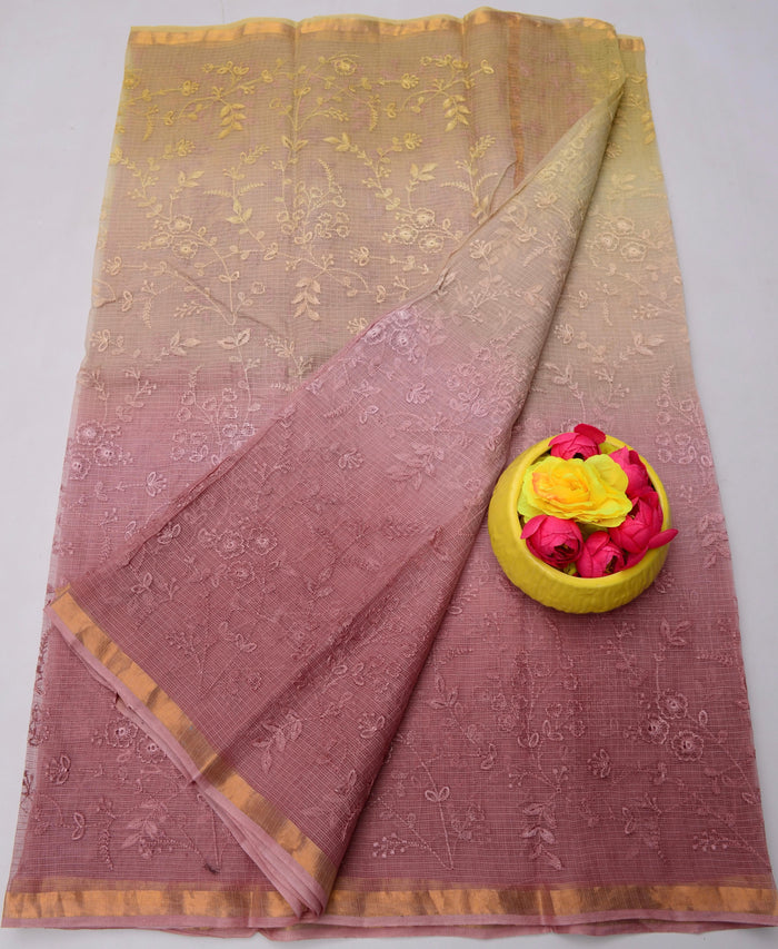 Kota Doria Pure Cotton Saree with All Over Embroidery - Beige and Red Colour