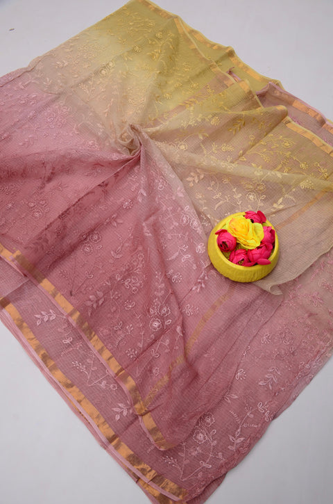 Kota Doria Pure Cotton Saree with All Over Embroidery - Beige and Red Colour