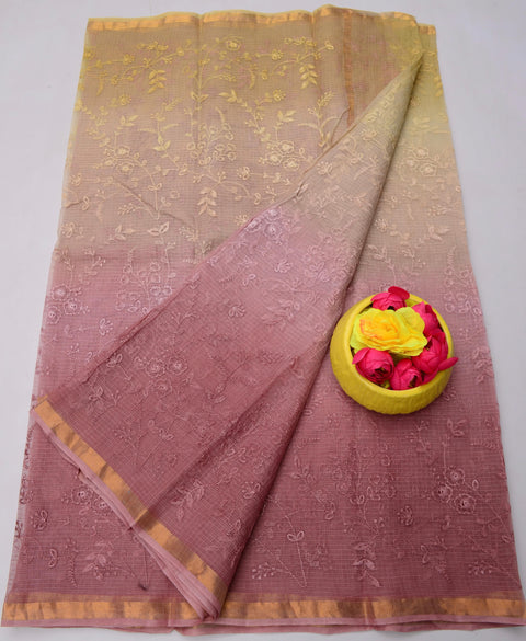 Kota Doria Pure Cotton Saree with All Over Embroidery - Beige and Red Colour