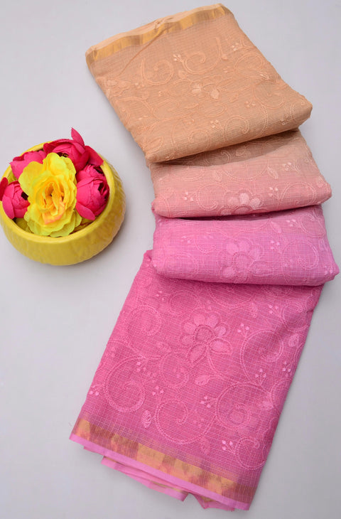 Pure Cotton Kota Saree with All Over Embroidery - Peach & Pink Color
