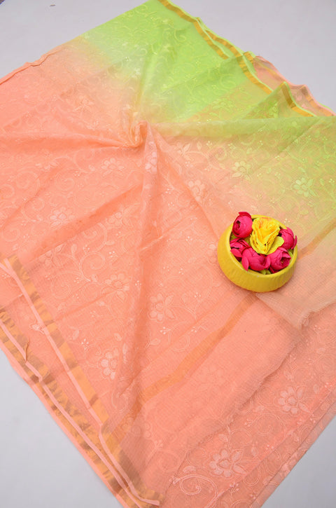 Pure Cotton Kota Saree with All Over Embroidery - Peach & Green Color