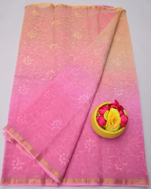 Pure Cotton Kota Saree with All Over Embroidery - Peach & Pink Color