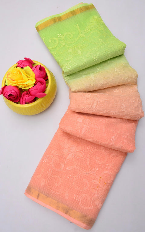 Pure Cotton Kota Saree with All Over Embroidery - Peach & Green Color
