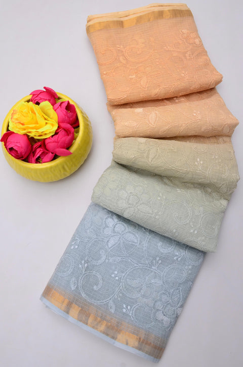 Pure Cotton Kota Saree with All Over Embroidery - Peach & Bluish Grey Color