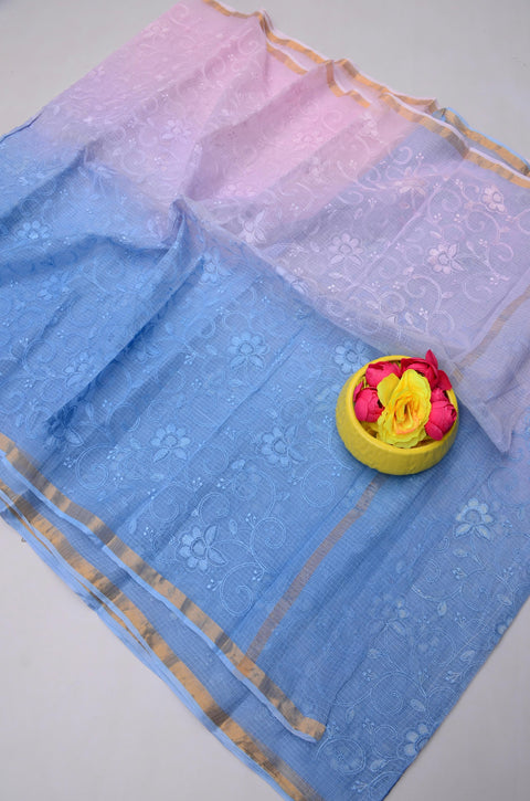 Pure Cotton Kota Saree with All Over Embroidery - Blue & Pink Color