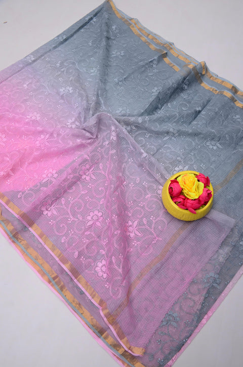 Pure Cotton Kota Saree with All Over Embroidery - Grey & Pink Color