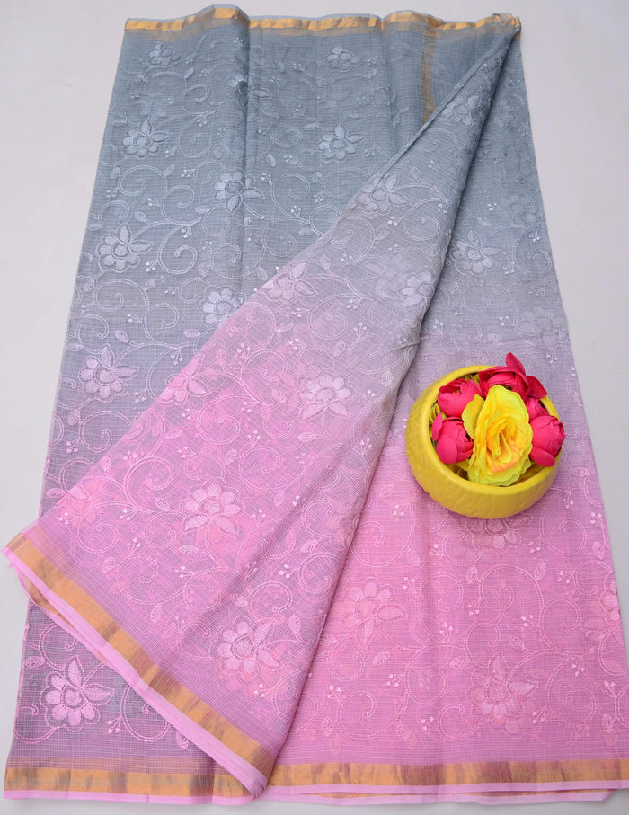 Pure Cotton Kota Saree with All Over Embroidery - Grey & Pink Color