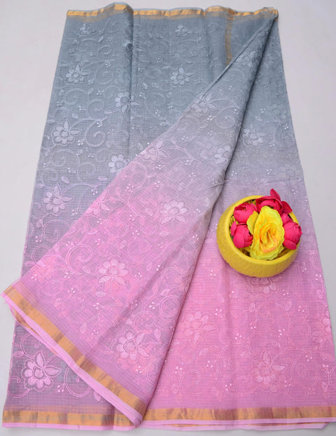 Pure Cotton Kota Saree with All Over Embroidery - Grey & Pink Color