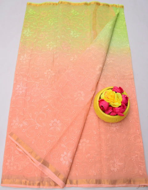 Pure Cotton Kota Saree with All Over Embroidery - Peach & Green Color