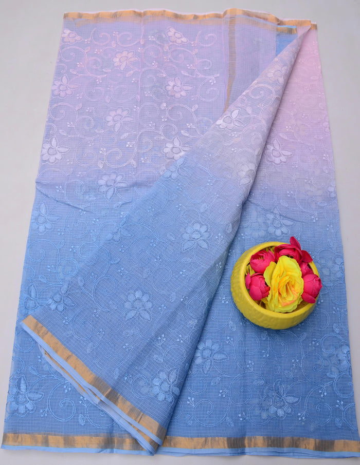 Pure Cotton Kota Saree with All Over Embroidery - Blue & Pink Color