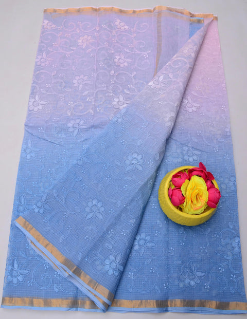 Pure Cotton Kota Saree with All Over Embroidery - Blue & Pink Color
