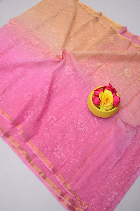Pure Cotton Kota Saree with All Over Embroidery - Peach & Pink Color