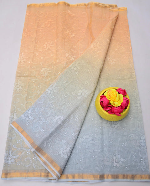 Pure Cotton Kota Saree with All Over Embroidery - Peach & Bluish Grey Color