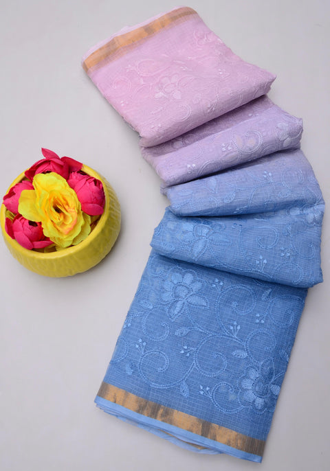 Pure Cotton Kota Saree with All Over Embroidery - Blue & Pink Color