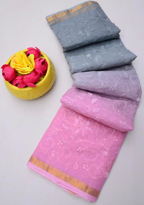 Pure Cotton Kota Saree with All Over Embroidery - Grey & Pink Color