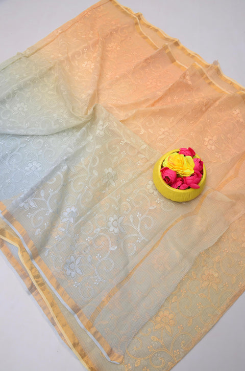 Pure Cotton Kota Saree with All Over Embroidery - Peach & Bluish Grey Color