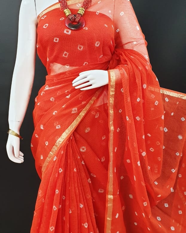 Pure Cotton Kota Doria Bhandej Saree - Orange Color