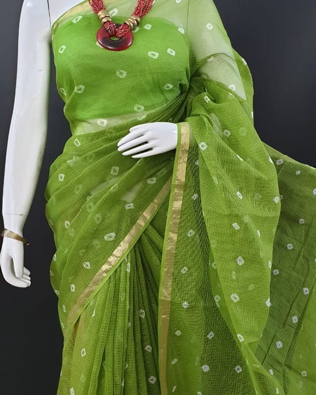 Pure Cotton Kota Doria Bhandej Saree - Green Color