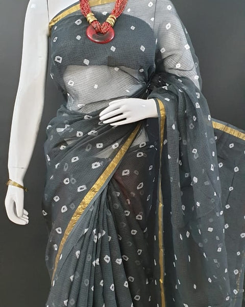 Pure Cotton Kota Doria Bhandej Saree - Grey Color
