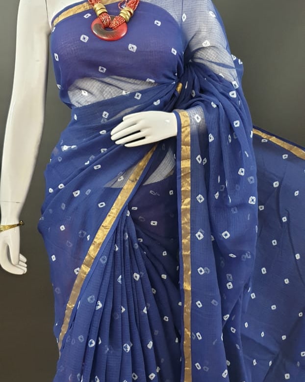 Pure Cotton Kota Doria Bhandej Saree - Blue Color