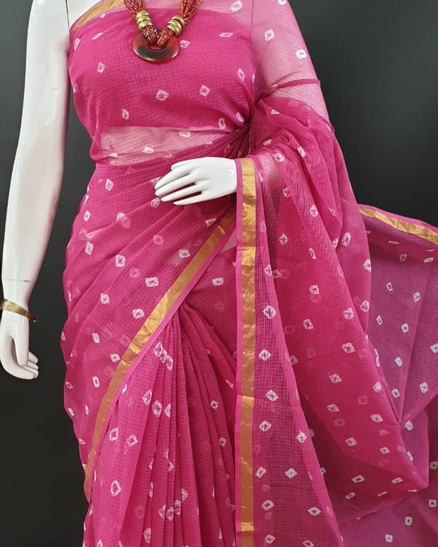 Pure Cotton Kota Doria Bhandej Saree- Pink Color