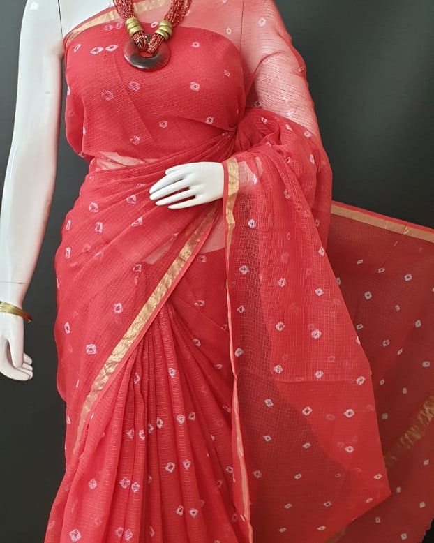 Pure Cotton Kota Doria Bhandej Saree - Red Colour