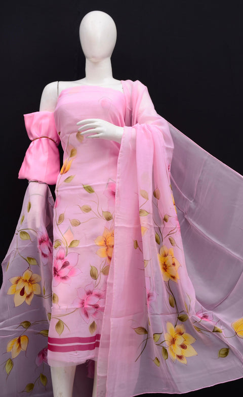 Hand-Painted Organza Suits - Pink Colour