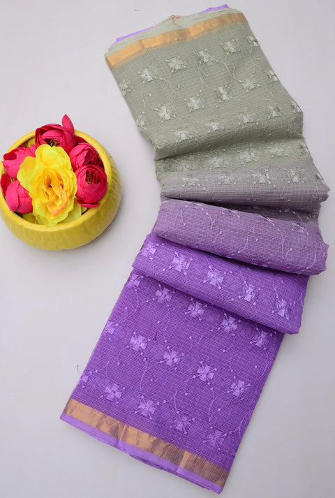 Kota Doria Pure Cotton Saree with All Over Embroidery - Purple and Grey Color