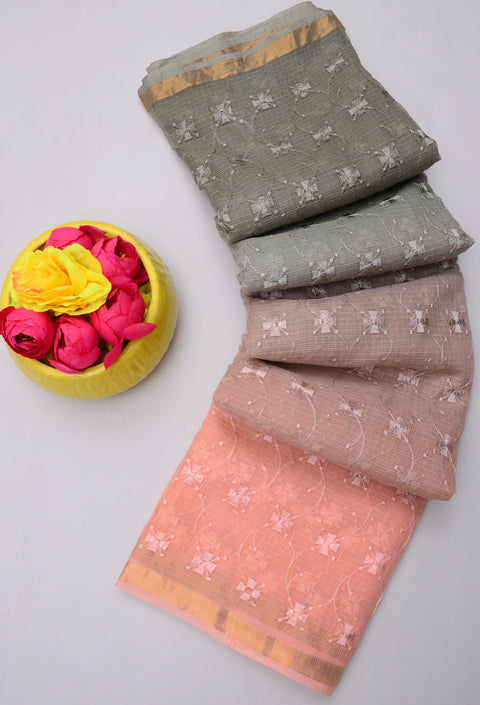 Kota Doria Pure Cotton Saree with All Over Embroidery - Peach and Grey Color