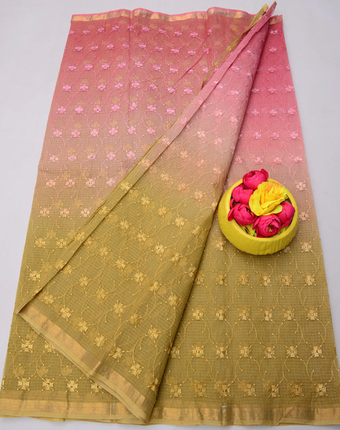 Kota Doria Pure Cotton Saree with All Over Embroidery - Olive and Pink Color