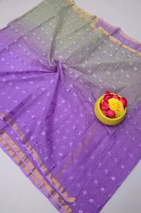 Kota Doria Pure Cotton Saree with All Over Embroidery - Purple and Grey Color