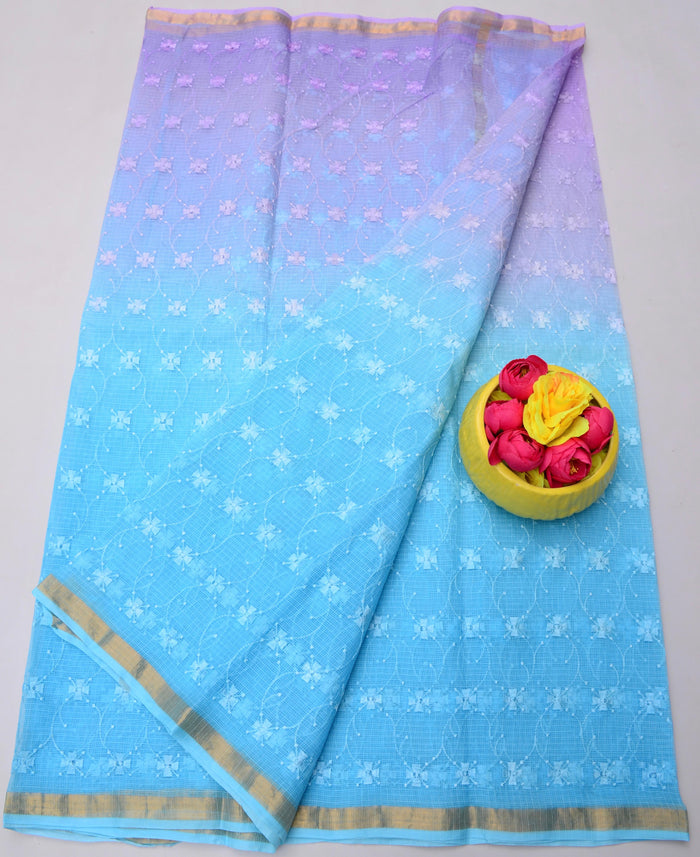 Kota Doria Pure Cotton Saree with All Over Embroidery - Blue and Lavender Color