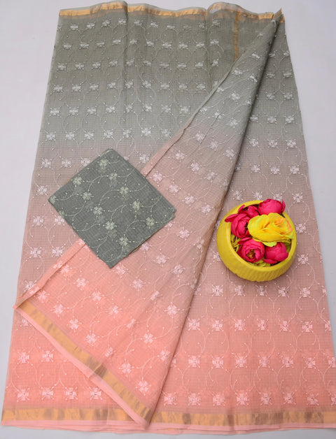 Kota Doria Pure Cotton Saree with All Over Embroidery - Peach and Grey Color