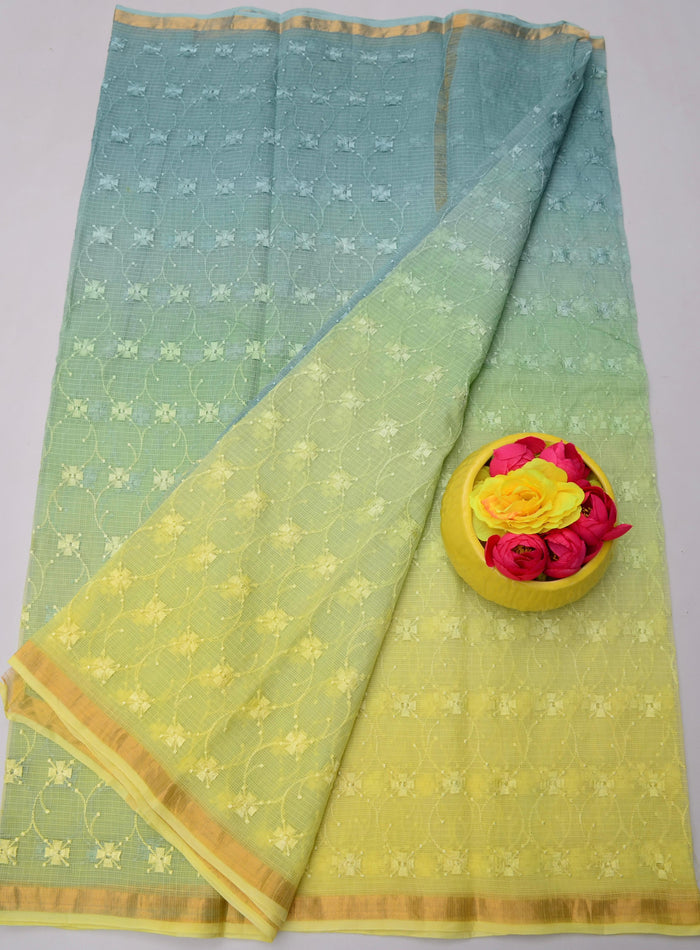 Kota Doria Pure Cotton Saree with All Over Embroidery - Yellow and Blue Color