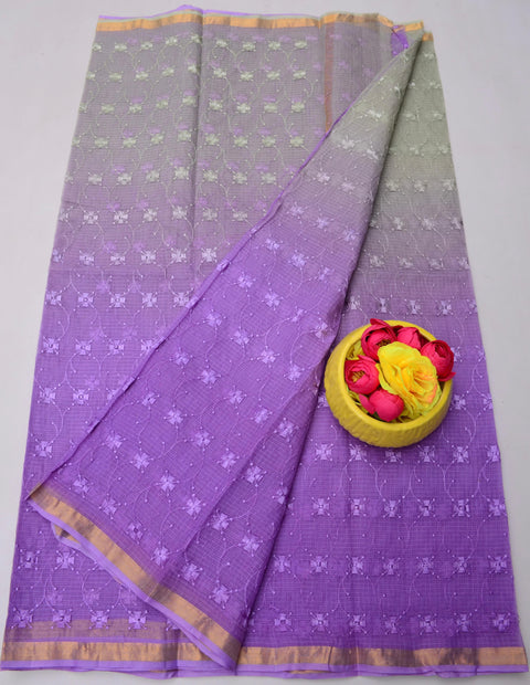 Kota Doria Pure Cotton Saree with All Over Embroidery - Purple and Grey Color