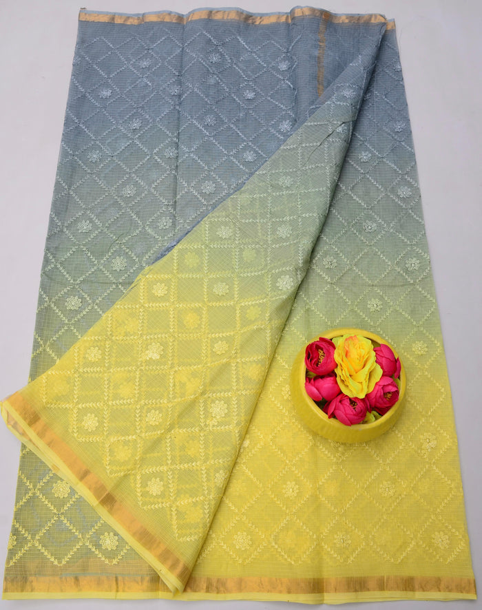 Kota Doria Pure Cotton Saree with All-Over Embroidery Work - Yellow & Blue Color