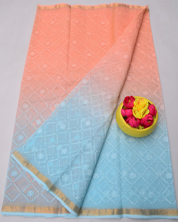 Kota Doria Pure Cotton Saree with All-Over Embroidery Work - Blue & Peach Color