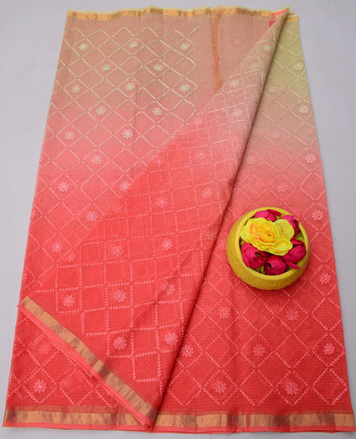 Kota Doria Pure Cotton Saree with All-Over Embroidery Work - Red & Beige Color