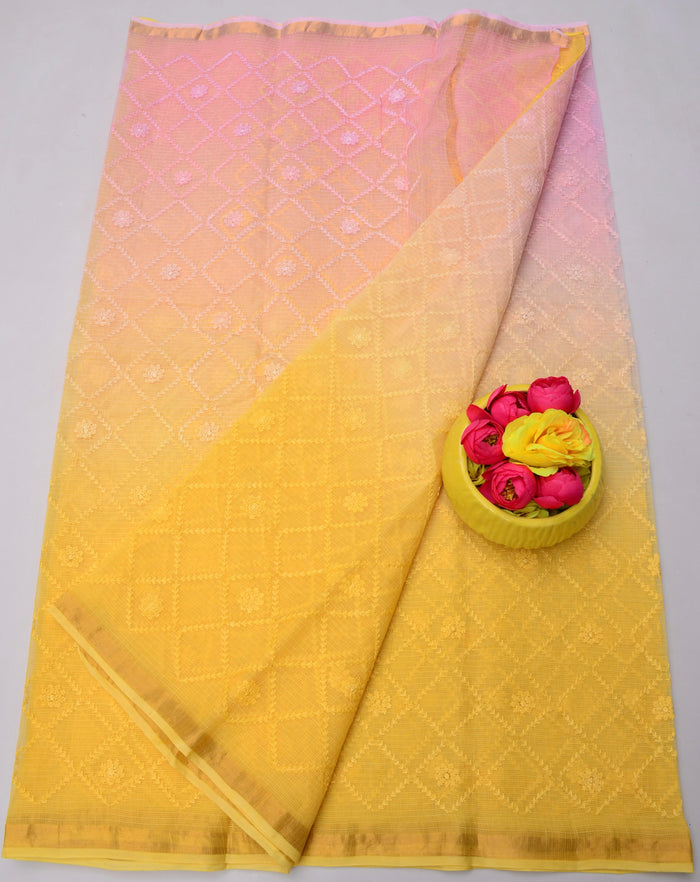 Kota Doria Pure Cotton Saree with All-Over Embroidery Work - Yellow & Pink Color