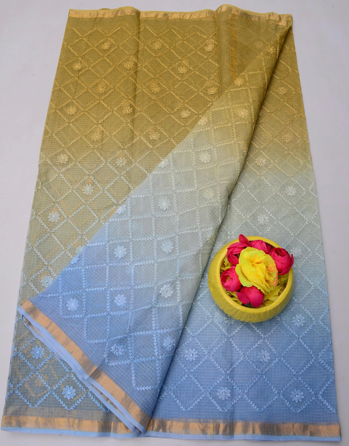 Kota Doria Pure Cotton Saree with All-Over Embroidery Work - Blue & Brown Color