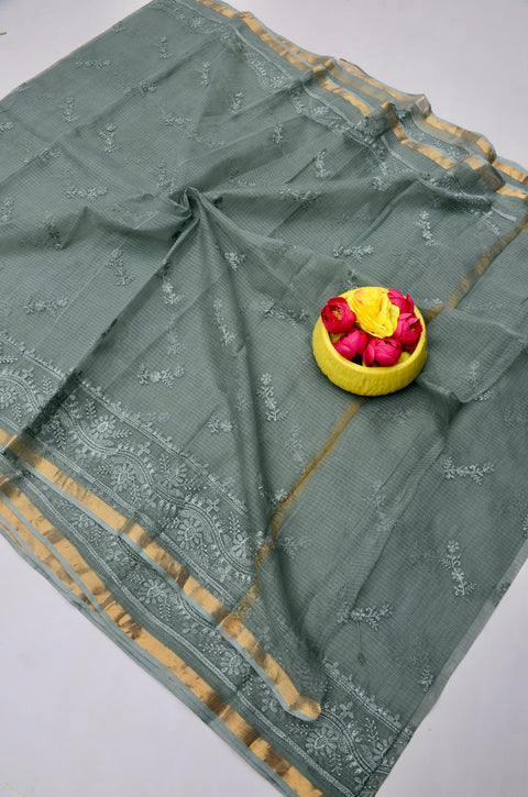 Kota Doria Pure Cotton Saree with All-Over Embroidery - Grey Color