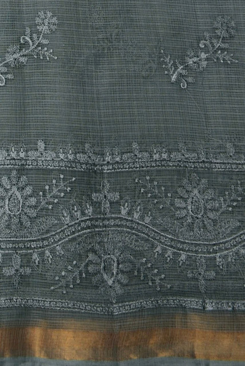 Kota Doria Pure Cotton Saree with All-Over Embroidery - Grey Color