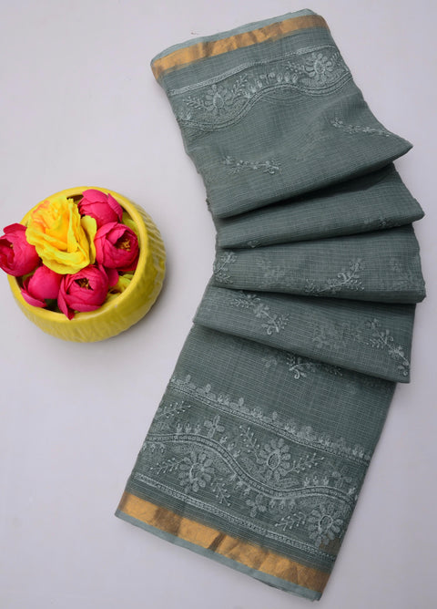 Kota Doria Pure Cotton Saree with All-Over Embroidery - Grey Color
