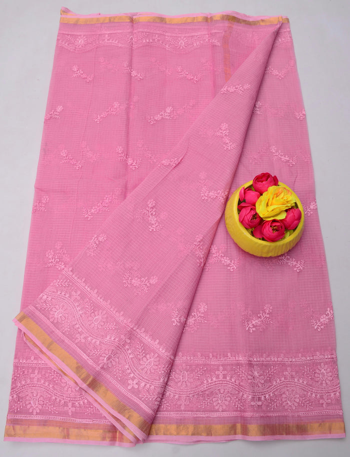 Kota Doria Pure Cotton Saree with All-Over Embroidery - Pink Color