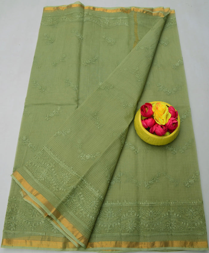 Kota Doria Pure Cotton Saree with All-Over Embroidery - Green Color
