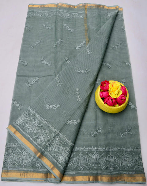 Kota Doria Pure Cotton Saree with All-Over Embroidery - Grey Color