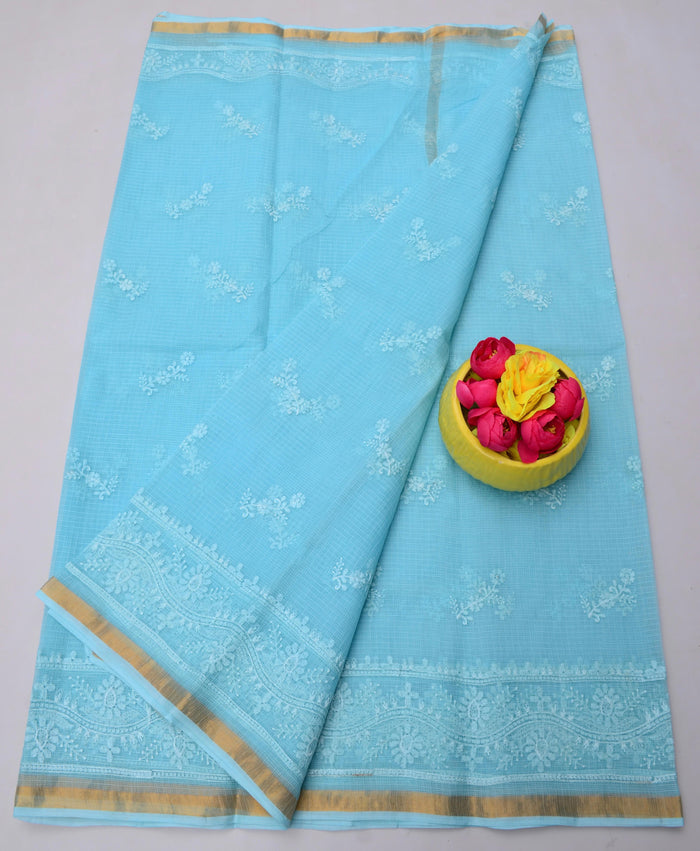 Kota Doria Pure Cotton Saree with All-Over Embroidery - Blue Color